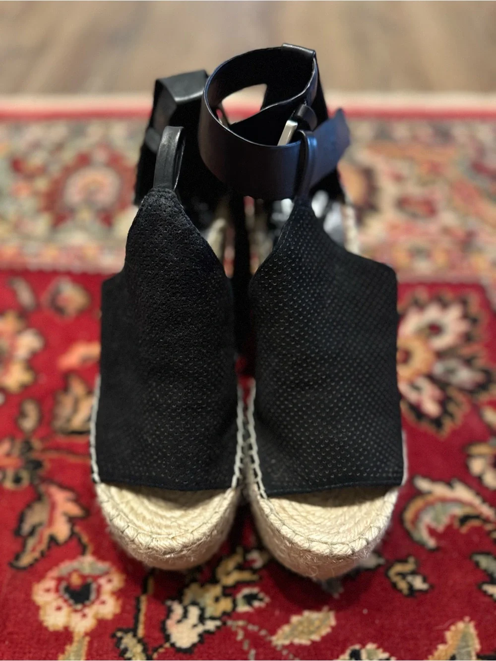 Marc Fisher Black Espadrille Wedge Sandals with Natural Jute Platform